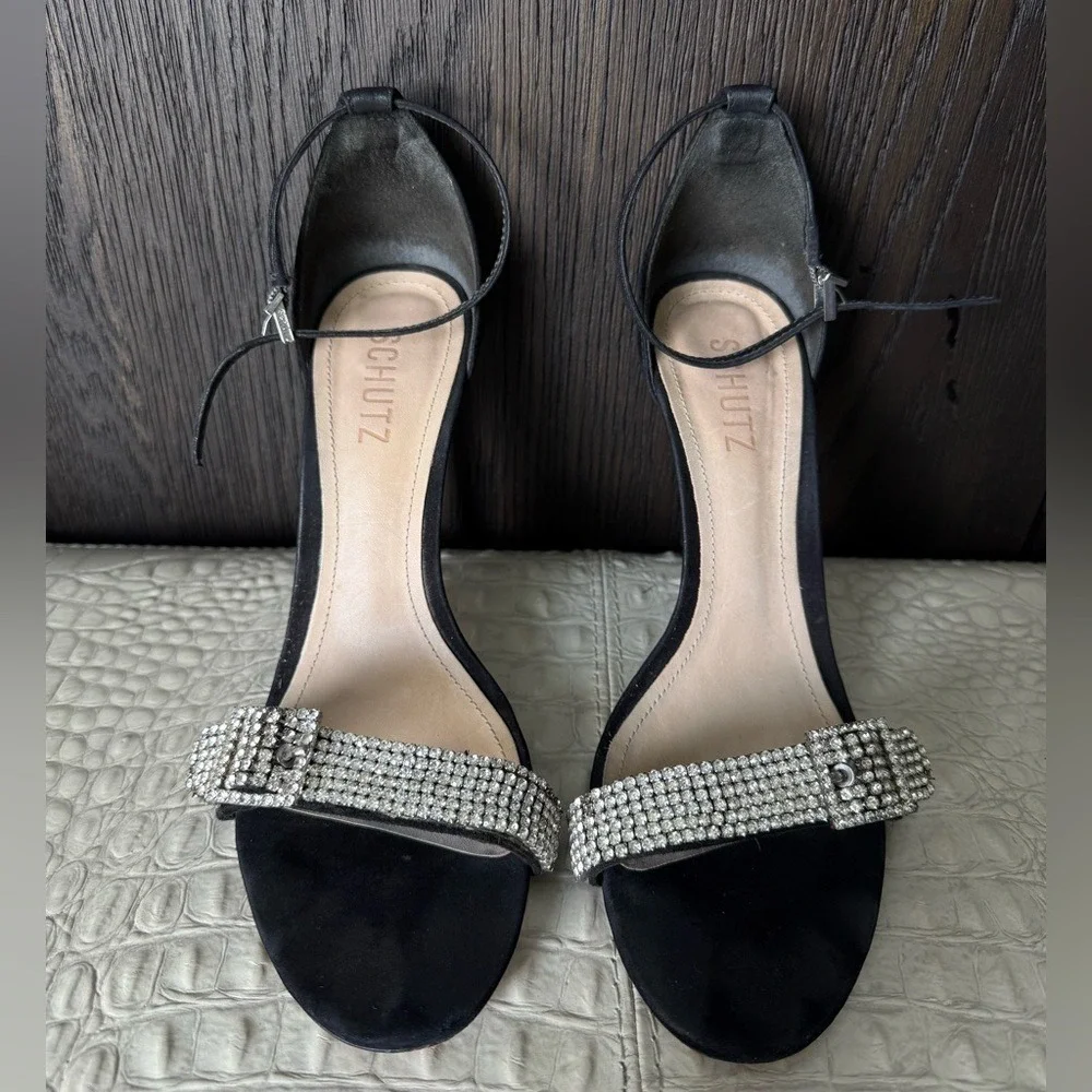 Schutz Black Velvet Rhinestone Buckle Heels Size 9B Ankle Strap Sandals